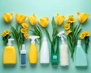 Arrangement of yellow tulips and yellow daisies alongside various cleaning bottles and tools over a light blue background with a fresh and organized feel