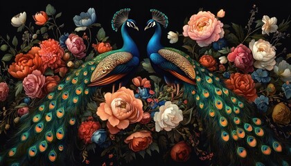 Two vibrant peacocks facing each other surrounded by an abundance of colorful blooming flowers against a dark background, evoking elegance and harmony