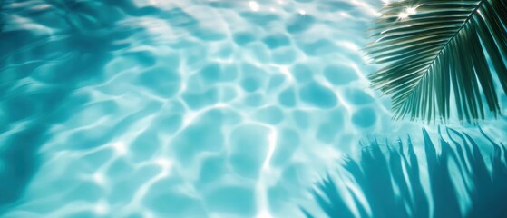 Close-up view of crystal clear swimming pool water with sunlight reflections and the shadow and partial view of tropical palm leaves