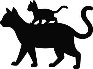 Silhouette of a mother cat walking with a kitten on its back animal