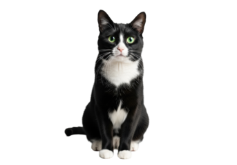 An adult domestic tuxedo cat with sleek black fur, white socks, and striking emerald-green eyes sitting on a transparent studio background with copy space, direct gaze, calm expression, concept of