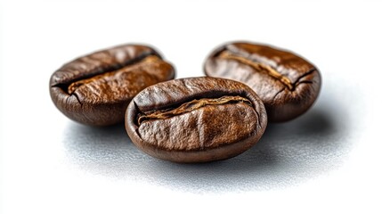 Obraz premium Close-up of three roasted coffee beans on a light surface highlighting their textured brown surfaces and natural grooves
