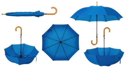 Vibrant blue umbrellas, wooden handles, black metal shafts, closed, partially & fully open, on a transparent studio background, concept of modern product display