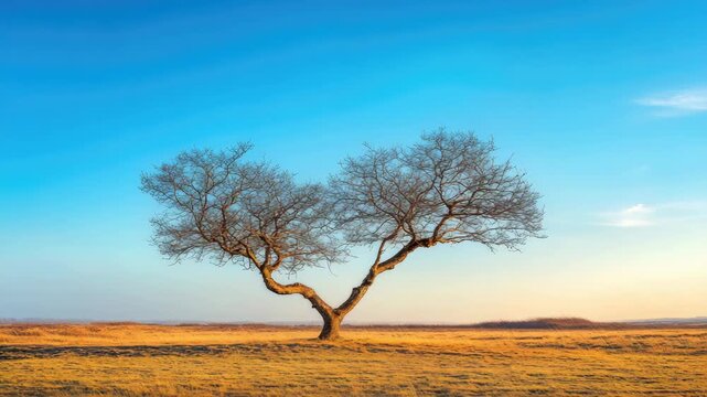 Two intertwined trees in vast golden field under clear blue sky at sunset