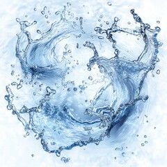 Dynamic splash of clear water droplets forming circular patterns against a light blue background conveying freshness and fluid motion