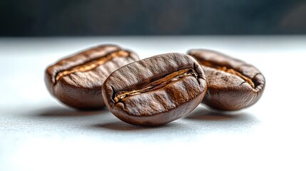 Close-up of three roasted coffee beans on a light surface with a dark blurred background, highlighting texture and rich brown color