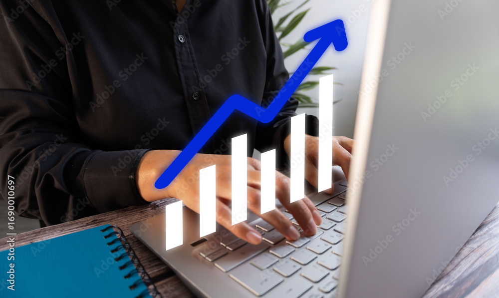 Aufkleber business person with a computer and a bar chart with an upward arrow.
