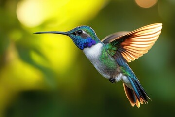 Fototapeta premium Close-up of a colorful hummingbird in mid-flight with vibrant green, blue, and orange feathers against a soft blurred green-yellow background