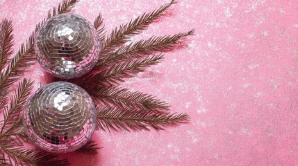 Festive Silver Disco Balls with Pine Branches on Pink Glitter Background