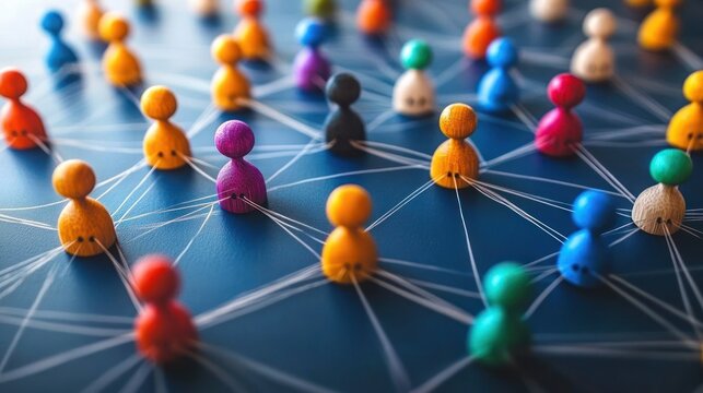 Colorful wooden figurines connected by strings forming a network pattern symbolizing communication and social connections on a dark surface