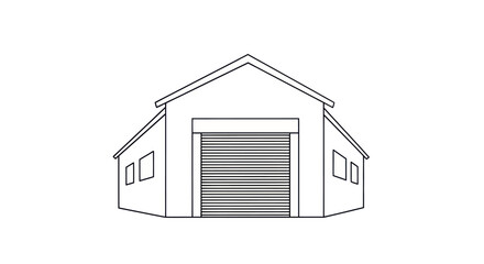 Black and white line drawing of a storage building with a roll-up garage door and windows.
