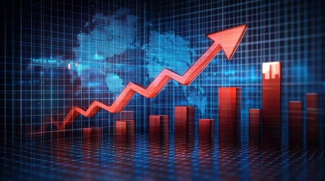 3D red arrow graph showing upward trend over various bar charts with digital world map background symbolizing global financial growth and success