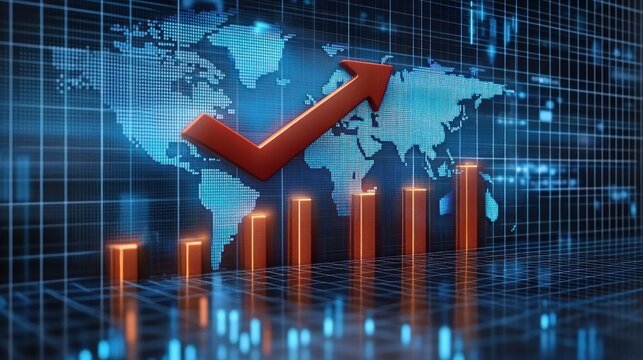 Digital world map background with glowing rising bar chart and large red arrow symbolizing global financial growth and data analytics
