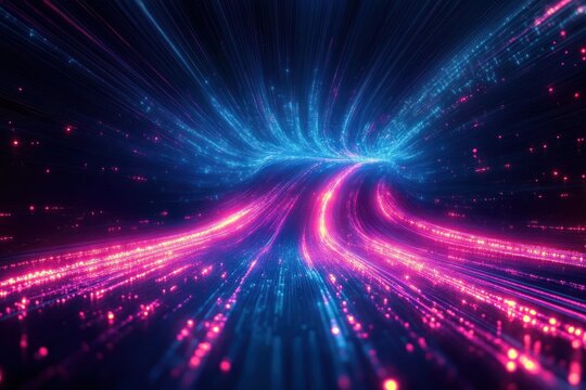 Abstract digital tunnel with vibrant neon pink and blue lights creating a sense of speed and futuristic movement