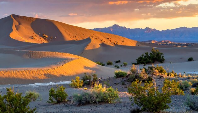 Serene Desert Landscape at Sunset with Dunes and Flora
