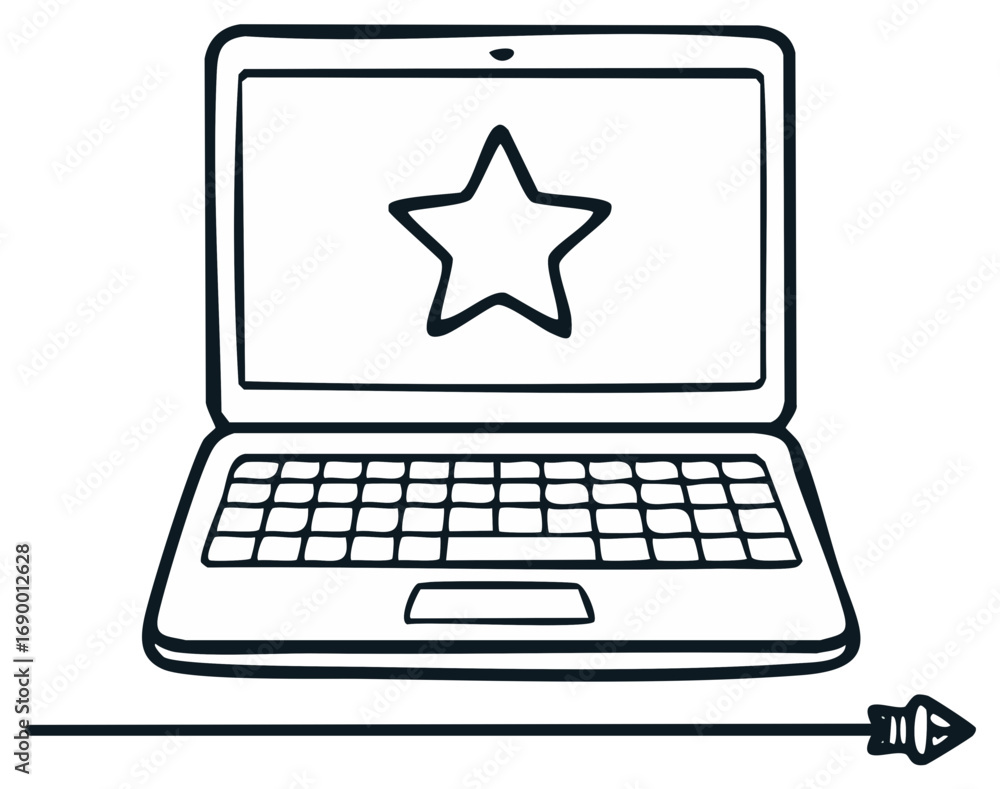 Poster laptop with star display and arrow line hand-drawn sketch style
