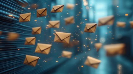 Multiple floating envelopes in a digital blue space representing fast communication and data transfer