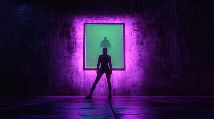 Silhouetted figure standing in front of a glowing purple-lit frame displaying a shadowy human shape against a textured dark wall, evoking mystery and introspection