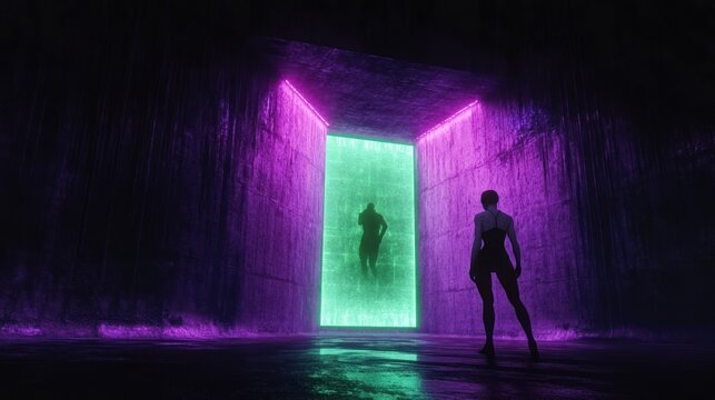Two silhouetted figures in a dark neon-lit corridor facing a glowing green rectangular portal with purple illumination creating a futuristic and mysterious atmosphere