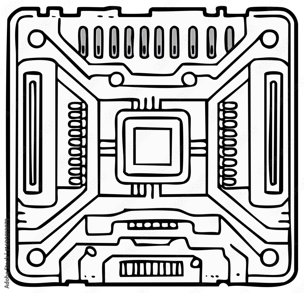 Poster hand-drawn illustration of a computer motherboard with central processor and intricate circuitry
