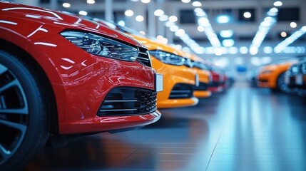 Close-up of shiny new colorful cars lined up indoors under bright lights, showcasing front grills and sleek design in a modern showroom with reflective floor