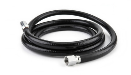 Black rubber hose coiled with metal fittings for plumbing applications  