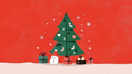 A cute Christmas tree, presents, and socks on a red background, in a simple, flat illustration style with minimalist details, a vector graphic design.