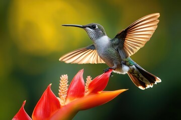 Naklejka premium A hummingbird with outstretched wings hovering above a vibrant red and orange tropical flower with a blurred green and yellow background