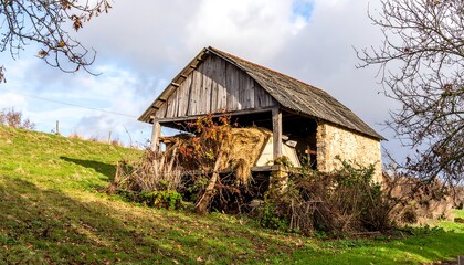 Rustic wooden shed on a hillside
