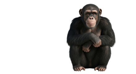 Adult chimpanzee with dark fur, wrinkled face, thoughtful expression, and slight grin, sitting with crossed arms against transparent background, copy space. Concept of wildlife wisdom