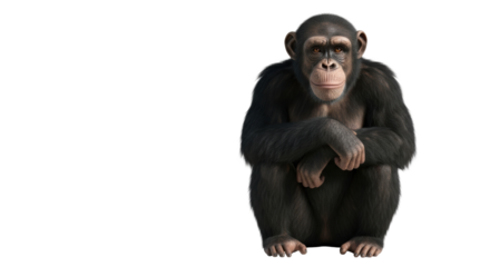 Adult chimpanzee with dark fur, wrinkled face, thoughtful expression, and slight grin, sitting with crossed arms against transparent background, copy space. Concept of wildlife wisdom
