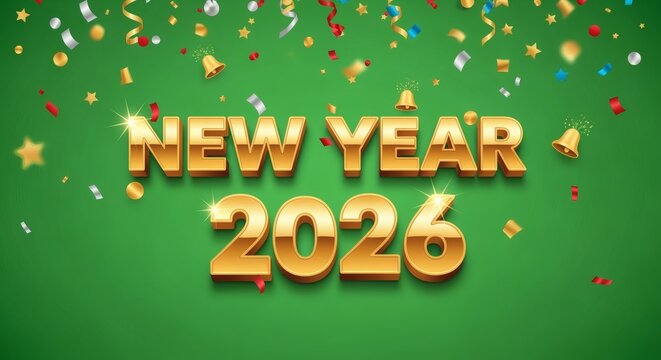 "New Year 2026" is written in glossy golden letters with confetti raining down with sparkling bells on a vibrant green background. Holiday concept