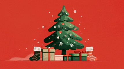 A cute Christmas tree, presents, and socks on a red background, in a simple, flat illustration style with minimalist details, a vector graphic design.