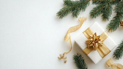 Festive White Gift Box Wrapped with Gold Ribbon and Bow Surrounded by Green Pine Branches and Gold Decorations
