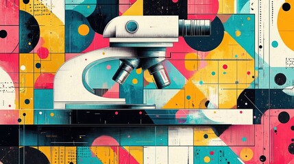 A detailed microscope with three lenses illustrated over a vibrant abstract geometric background with colorful shapes and grid lines conveying scientific curiosity