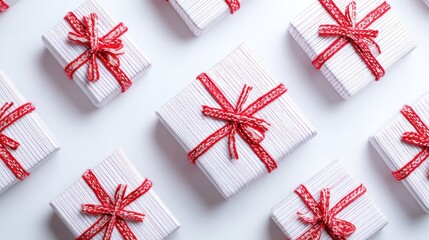 Festive White Gift Boxes with Red Ribbons Bright Holiday Decorations