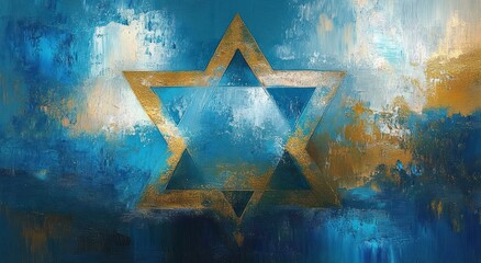 Abstract painting featuring a golden Star of David with textured blue and gold hues conveying a serene and mystical atmosphere