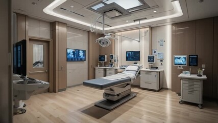 In a spacious medical room, advanced technology lines the walls, highlighting digital screens and monitoring devices beside sleek examination tables. 4k video - Powered by Adobe