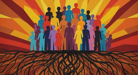 Diverse people stand together, rooted in the earth, symbolizing unity and community.