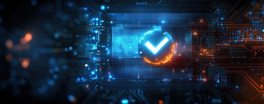 Glowing digital checkmark symbol on futuristic circuit board with blue and orange neon lights showing technology verification or security concept
