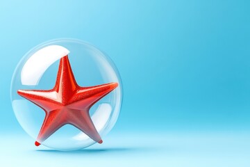 Obraz premium Vibrant Red Starfish Encased in Clear Bubble Against Soft Blue Background, Symbolizing Marine Life and Ocean Beauty