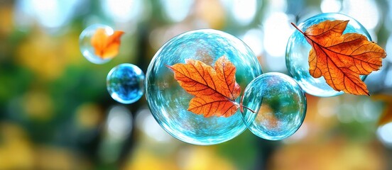 Beautiful Autumn Leaves Floating in Colorful Soap Bubbles with Natural Background in Soft Focus and Bright Colors of Fall Season