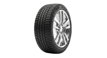 New black modern winter car tire with detailed directional tread and deep sipes, on polished silver multi-spoke alloy wheel, against transparent studio background with soft cast shadow. Concept of