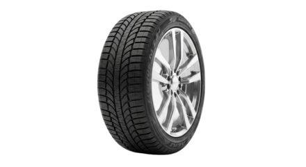 New black modern winter car tire with detailed directional tread and deep sipes, on polished silver multi-spoke alloy wheel, against transparent studio background with soft cast shadow. Concept of
