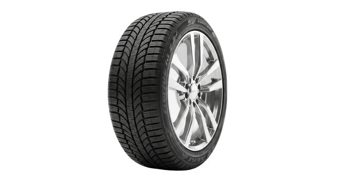 New black modern winter car tire with detailed directional tread and deep sipes, on polished silver multi-spoke alloy wheel, against transparent studio background with soft cast shadow. Concept of