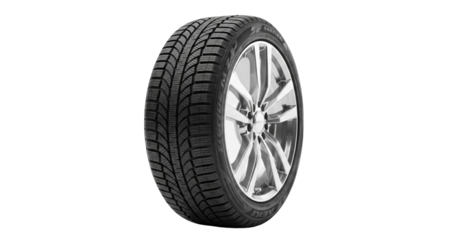 New black modern winter car tire with detailed directional tread and deep sipes, on polished silver multi-spoke alloy wheel, against transparent studio background with soft cast shadow. Concept of