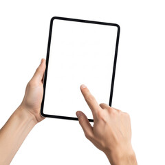 Adult hands, neutral skin, clean, interact with a sleek black tablet, blank white screen, against a pristine transparent studio background. Concept for technology mockups