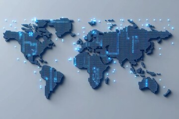 Digital world map with glowing blue data points and lines representing global connections and technology network visualization