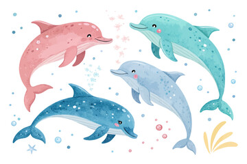 set of cute Watercolor marine dolphin animals