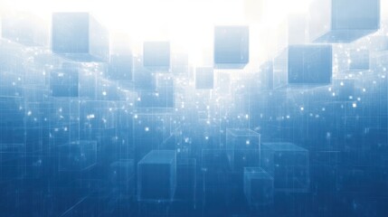 Obraz premium Abstract digital landscape with transparent floating cubes and glowing particles in a blue gradient environment conveying futuristic technology and data flow